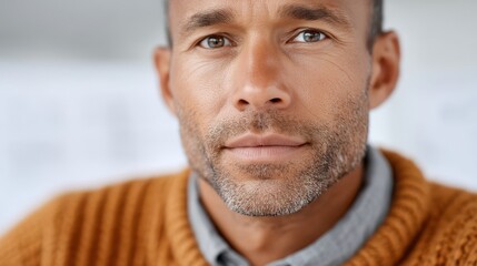 Fototapeta premium black entrepreneur working remotely concept. Confident man with a thoughtful expression in a cozy sweater.