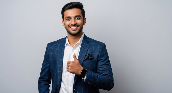 A young Indian man in a blue suit smiles brightly and gives a thumbs up, exuding confidence and positivity