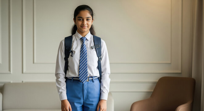 Indian schoolgirl in uniform stands confidently indoors, ready for her day with a gentle smile and a backpack.