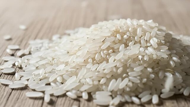 A close-up shot beautifully captures a pristine mound of uncooked white rice grains resting on a rustic, light-colored wooden surface. The natural illumination highlights the subtle variations and tra