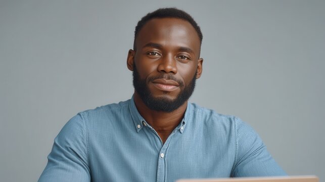 black entrepreneur working remotely concept. Confident man with beard in a denim shirt, sitting at a desk.