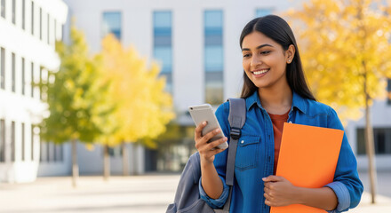 A smiling young Indian student holds a folder and checks her phone on a sunny campus