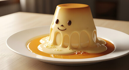Smiling Caramel Flan Dessert on White Plate