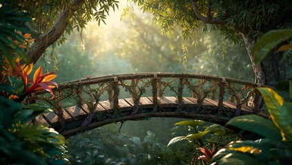 Enchanted Wooden Bridge Surrounded by Lush Greenery and Light