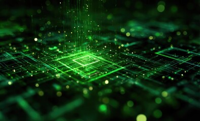 Glowing green digital data streams converge onto a central processing unit, forming a complex circuit board pattern