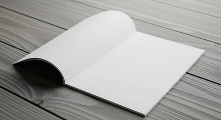 Open blank white magazine or booklet with empty pages on a rustic wooden table, ideal for design mockups and custom content