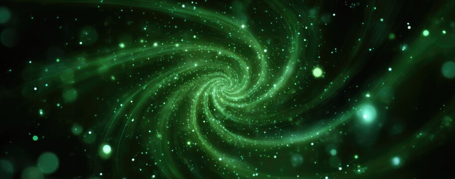 Glowing green spiral galaxy with glittering dust and bokeh effects in dark space - Powered by Adobe