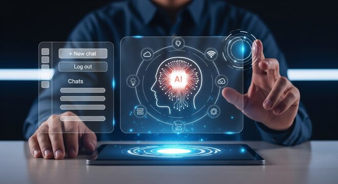 Futuristic AI Chat Interface Hologram Above Tablet in Dark Office