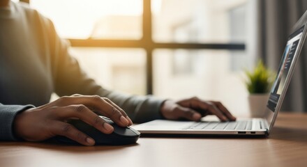 black entrepreneur working remotely concept. Close-up of a person using a laptop and mouse in a bright workspace.