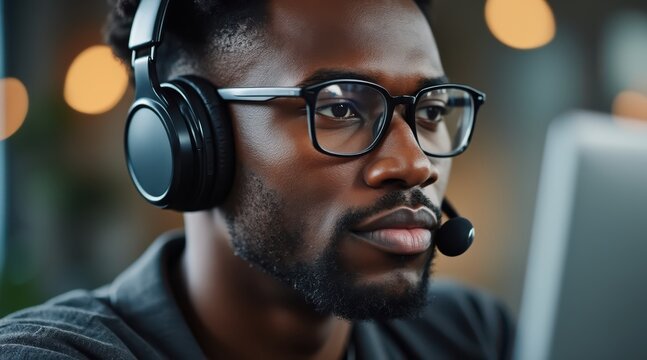 black entrepreneur working remotely concept. Focused man wearing headphones at a computer desk.