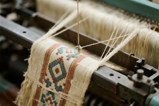 Close-up of a traditional weaving loom creating patterned textile with colorful geometric designs