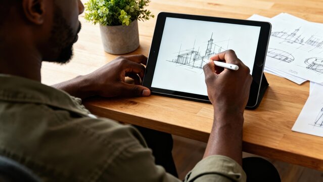 black entrepreneur working remotely concept. Creative professional sketching on a tablet at a wooden desk.