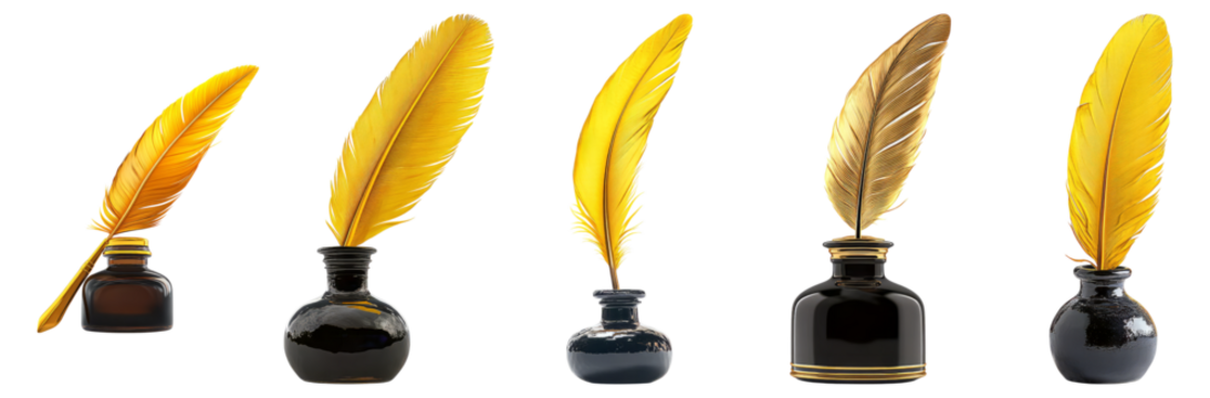 Collection of Golden Quills and Ink Bottles for Writing and Art, Isolated on Transparent, white background