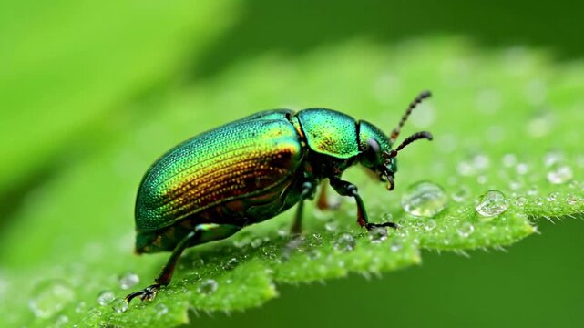 Dynamic close up of a beetle's antennal sensory exploration, illustrating its perception of the environment through touch and subtle vibrations on foliage.