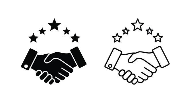 Two handshakes with stars above one solid one outlined in black