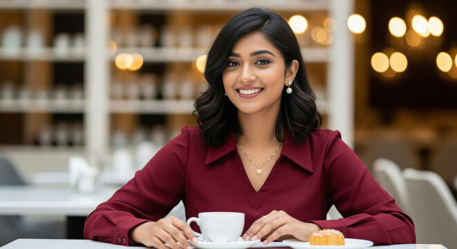 A young Indian woman in a maroon dress sits at a stylish cafe table, smiling warmly while enjoying a cup of coffee with a pastry