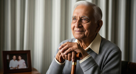 An elderly Indian man with grey hair sits thoughtfully indoors, resting his hands on a wooden cane