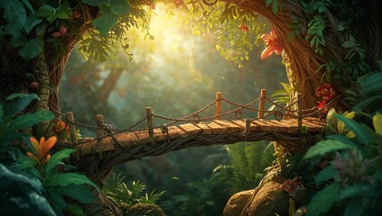 Enchanted Forest Pathway with Bridge Surrounded by Lush Greenery