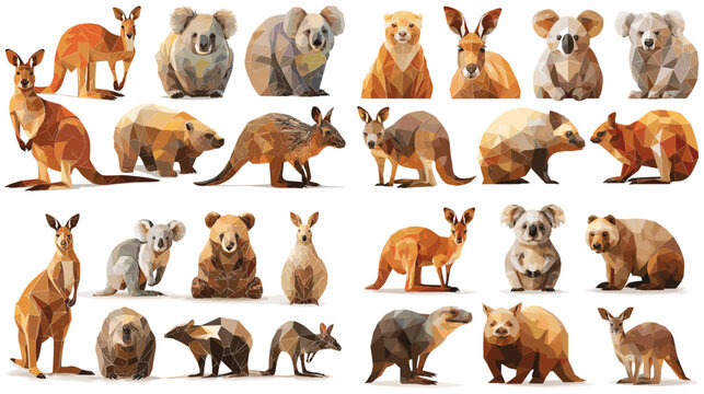 A detailed low poly illustration set of Australian wildlife including koalas, kangaroos, wombats, and quokkas. Ideal for nature themes, geometric art, education, and wildlife design projects.