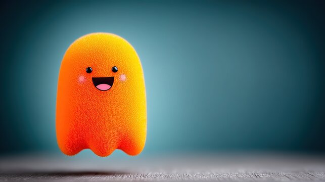 Floating orange clay robot with smiley face, studio lighting on solid blue backdrop, high-res render for tech promo, UI hero, ad banner, corporate web