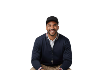 Confident smiling African American coach with whistle ready to motivate and lead his team, on transparent background