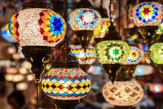 Closeup view of colorful Turkish lanterns