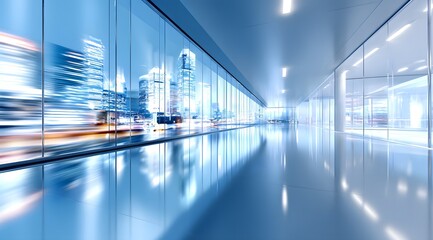Futuristic glass building interior with dynamic city skyline reflection, modern architecture design and innovation concept of urban development and speed