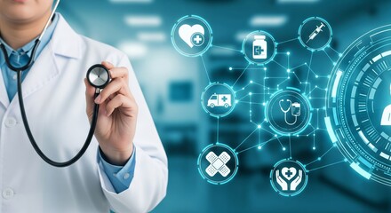 Futuristic Medical Technology Interface with Doctor and Digital Healthcare Icons