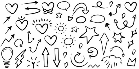 Collection of hand drawn doodle icons featuring hearts arrows stars lightbulbs and clouds