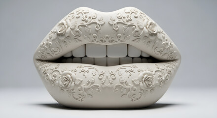 Ornate Lips Sculpture: Decorative Floral Pattern