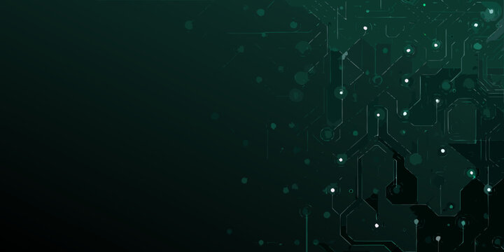 Dark abstract digital circuit board pattern with glowing nodes and connections on a gradient background