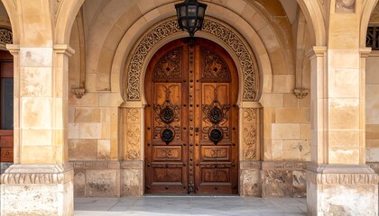 A grand wooden doorway with intricate carvings and ornate handles, framed by arched stone columns. A lantern hangs above the entrance