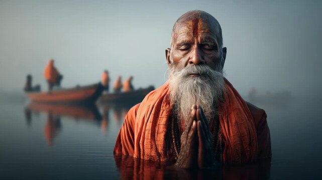 Spiritual Sadhu Meditation on the Ganges River at Sunrise