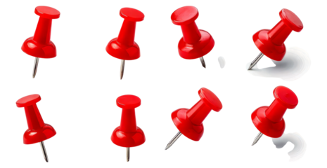 Collection of Red Push Pins on White Background for Office Use, Isolated on Transparent, white background