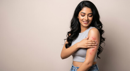 A young Indian woman with long wavy hair and a grey crop top shows visible skin irritation with red acne spots on her arm