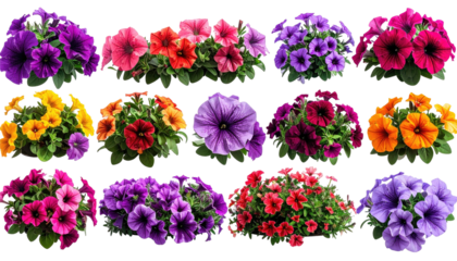 Colorful petunia flowers in groups on black