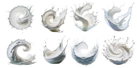Vibrant milk splash in various shapes and movements isolated on transparent background
