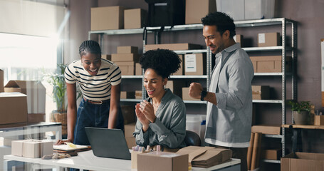 People, applause and laptop for ecommerce startup with good news, online sales and order success. Excited, team and delivery achievement with pc, shipping deal and celebration of logistics promotion