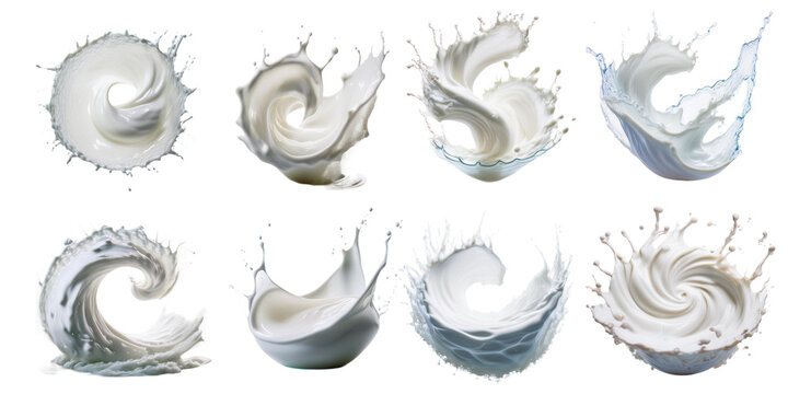 Vibrant milk splash in various shapes and movements isolated on transparent background