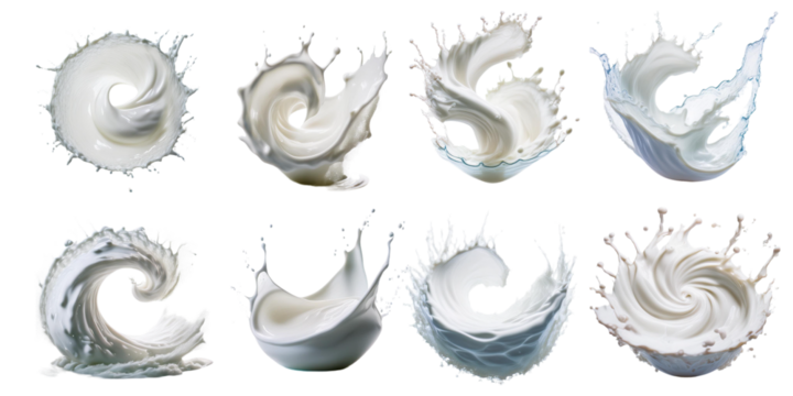 Vibrant milk splash in various shapes and movements isolated on transparent background