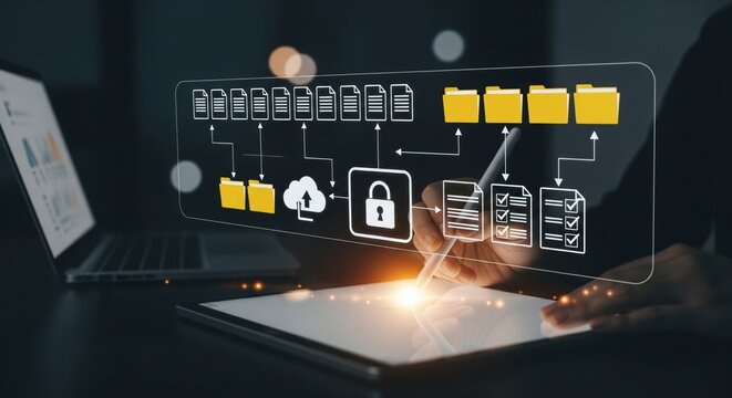 Secure Digital Workflow with Document, Folder and Cloud Icons Over Tablet