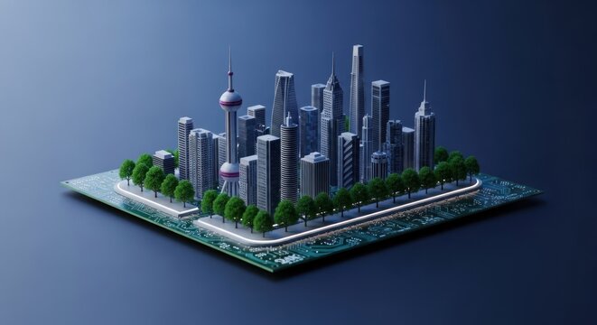 3D render of a futuristic city with modern buildings and trees atop a microchip circuit board
