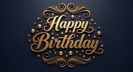 Elegant golden happy birthday message with decorative swirls on a dark background