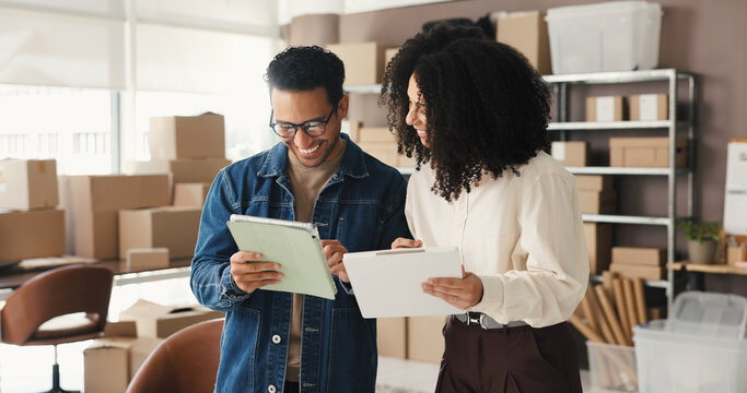 Tablet, clipboard and people in meeting for supply chain, online orders and shipping website. Small business, team and man with woman on tech for logistics report, delivery schedule and distribution - Powered by Adobe