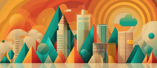 Stylized cityscape with geometric mountains, warm sunset hues, and minimal cloud detail, reflected on a glassy surface