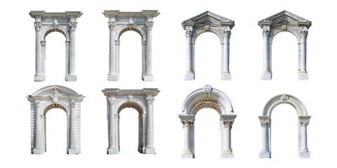 Classic stone archways with intricate details isolated on transparent background