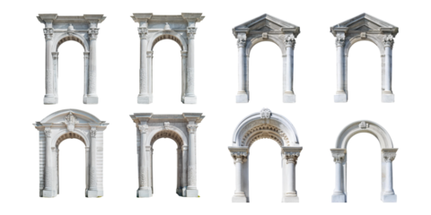 Classic stone archways with intricate details isolated on transparent background