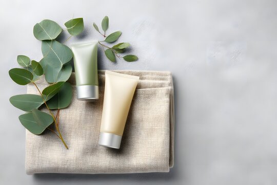 Minimal natural cosmetic tube with eucalyptus leaves and fabric on neutral background, organic skincare product, beauty and wellness branding concept