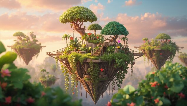 Enchanted Floating Islands Surrounded by Lush Greenery and Flowers - Powered by Adobe