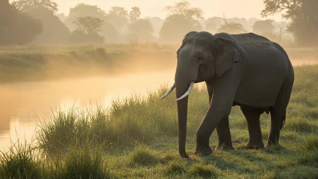 A majestic African elephant walking along a misty riverbank at dawn capturing wild beauty and peaceful nature scene